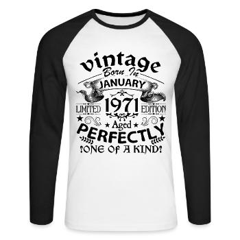 Janvier 1971 | Vintage 1971 | né en Janvier - T-shirt baseball manches longues Homme - blanc/noir - Devant - Nik (191cm)