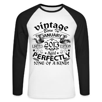 Januar 2013 | Jahrgang 2013 | geboren im Januar - Unisex Baseballshirt langarm - Weiß/Schwarz - Vorne - Nik (191cm)