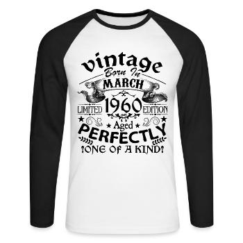 Mars 1960 | Vintage 1960 | né en Mars - T-shirt baseball manches longues Homme - blanc/noir - Devant - Nik (191cm)