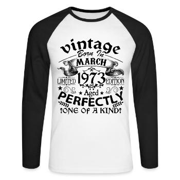 Mars 1973 | Vintage 1973 | né en Mars - T-shirt baseball manches longues Homme - blanc/noir - Devant - Nik (191cm)