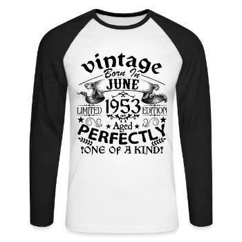 Juin 1953 | Vintage 1953 | né en Juin - T-shirt baseball manches longues Homme - blanc/noir - Devant - Nik (191cm)