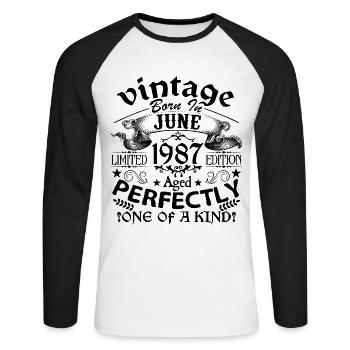 Juin 1987 | Vintage 1987 | né en Juin - T-shirt baseball manches longues Homme - blanc/noir - Devant - Nik (191cm)