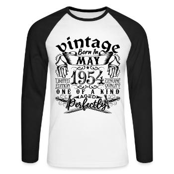Geburtstag 1954 Mai 1954! geb. Mai 1954 - Unisex Baseballshirt langarm - Weiß/Schwarz - Vorne - Nik (191cm)