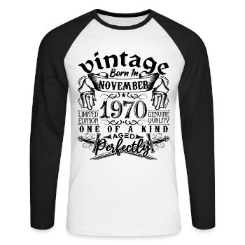 Anniversaire 1970 Novembre 1970 né en November - T-shirt baseball manches longues Homme - blanc/noir - Devant - Nik (191cm)