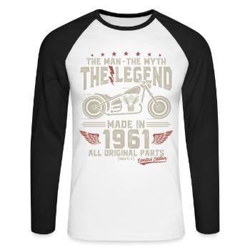 1961 Vintage homme mythe légende moto - T-shirt baseball manches longues Homme - blanc/noir - Devant - Nik (191cm)