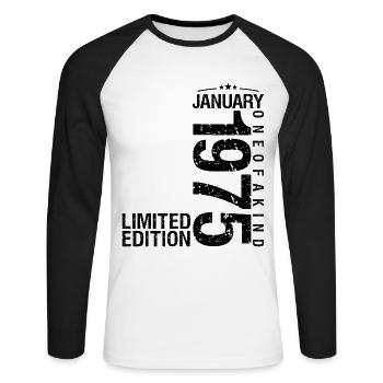 Geburtstag Januar 1975 Januar geboren im Januar - Unisex Baseballshirt langarm - Weiß/Schwarz - Vorne - Nik (191cm)