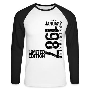 Anniversaire Janvier 1987 Janvier né en January - T-shirt baseball manches longues Homme - blanc/noir - Devant - Nik (191cm)
