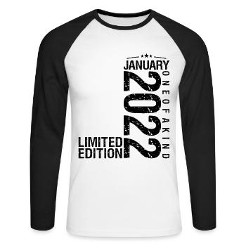 Anniversaire Janvier 2022 Janvier né en January - T-shirt baseball manches longues Homme - blanc/noir - Devant - Nik (191cm)