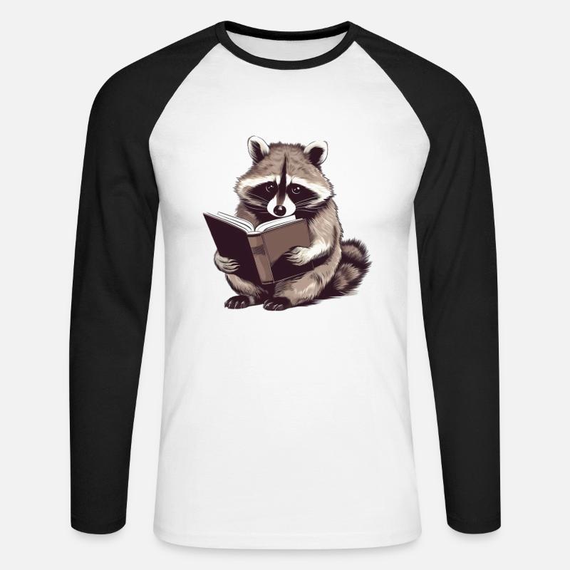Lesender Waschbär mit Buch - Unisex Baseballshirt langarm - Weiß/Schwarz