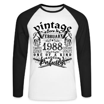 Anniversaire 1988 Février 1988 né en Février - T-shirt baseball manches longues Homme - blanc/noir - Devant - Nik (191cm)