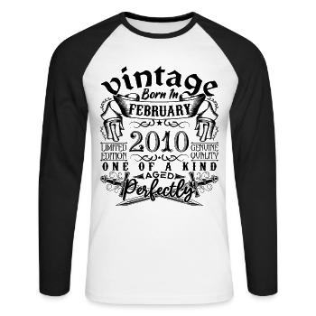 Anniversaire 2010 Février 2010 né en Février - T-shirt baseball manches longues Homme - blanc/noir - Devant - Nik (191cm)