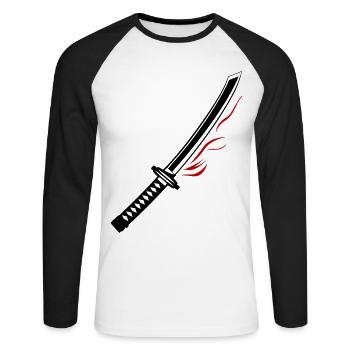 Icône d’épée de samouraï - T-shirt baseball manches longues Homme - blanc/noir - Devant - Nik (191cm)