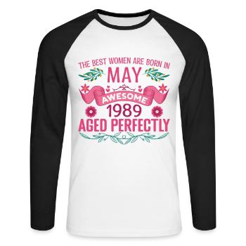 May 1989 Birthday Wife May 1989 Birthday - Unisex Long Sleeve Baseball T-Shirt - white/black - Front - Nik (191cm)
