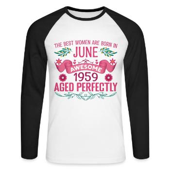 Juni 1959 Geburtstag der Frau Juni 1959 - Unisex Baseballshirt langarm - Weiß/Schwarz - Vorne - Nik (191cm)