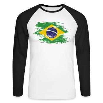 Brasilien Flagge used - Unisex Baseballshirt langarm - Weiß/Schwarz - Vorne - Nik (191cm)