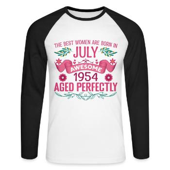 Juli 1954 Geburtstagsfrau Juli 1954 - Unisex Baseballshirt langarm - Weiß/Schwarz - Vorne - Nik (191cm)