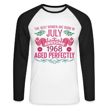 Juli 1968 Geburtstag der Frau Juli 1968 - Unisex Baseballshirt langarm - Weiß/Schwarz - Vorne - Nik (191cm)