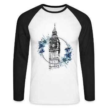 London Big Ben England Blumen Line Art Kunst - Unisex Baseballshirt langarm - Weiß/Schwarz - Vorne - Nik (191cm)