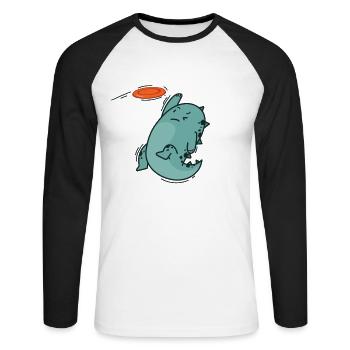 Dino plays Frisbee Dinosaur Reptile - Unisex Long Sleeve Baseball T-Shirt - white/black - Front - Nik (191cm)