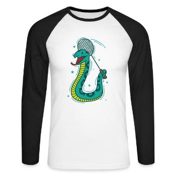Schlange spielt Badminton Reptil Tier Zoo - Unisex Baseballshirt langarm - Weiß/Schwarz - Vorne - Nik (191cm)