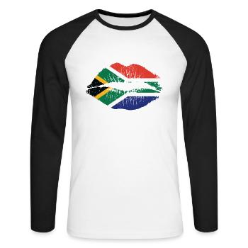 Mund Lippen mit Südafrika Farben Kontinent - Unisex Baseballshirt langarm - Weiß/Schwarz - Vorne - Nik (191cm)