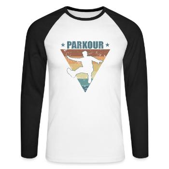 Parkour Jump Fitness Sport Training - T-shirt baseball manches longues Homme - blanc/noir - Devant - Nik (191cm)
