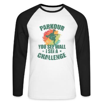 Parkour tu vois Mur Je vois un Challenge Sport - T-shirt baseball manches longues Homme - blanc/noir - Devant - Nik (191cm)