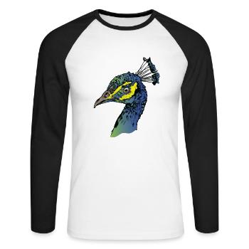 Pfau Vogel Farben Tier Tierpark - Unisex Baseballshirt langarm - Weiß/Schwarz - Vorne - Nik (191cm)
