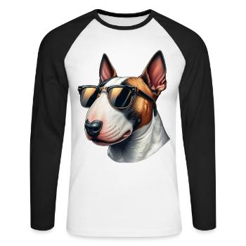 Bullterrier mit Sonnenbrille - Unisex Baseballshirt langarm - Weiß/Schwarz - Vorne - Nik (191cm)