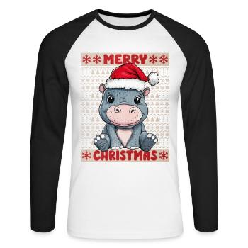 Nilpferd Ugly Christmas Weihnachten Xmas Süß - Unisex Baseballshirt langarm - Weiß/Schwarz - Vorne - Nik (191cm)