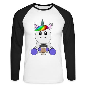 Licorne avec une tasse de café à emporter - T-shirt baseball manches longues Homme - blanc/noir - Devant - Nik (191cm)
