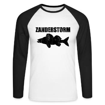 Zander T-Shirt Angler Hochseeangeln Zanderstorm - Unisex Baseballshirt langarm - Weiß/Schwarz - Vorne - Nik (191cm)