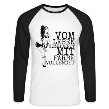 Vom Leben gezeichnet mit Farbe Vollendet -Tattoo - Unisex Baseballshirt langarm - Weiß/Schwarz - Vorne - Nik (191cm)