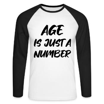 age is just a number - Unisex Baseballshirt langarm - Weiß/Schwarz - Vorne - Nik (191cm)