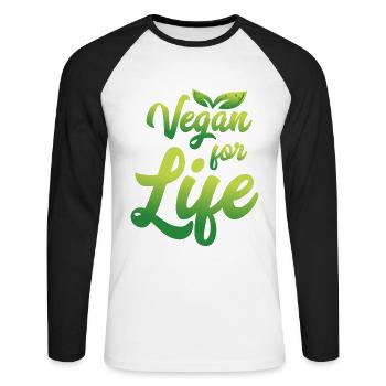 Vegan Vegan for Life - Unisex Baseballshirt langarm - Weiß/Schwarz - Vorne - Nik (191cm)
