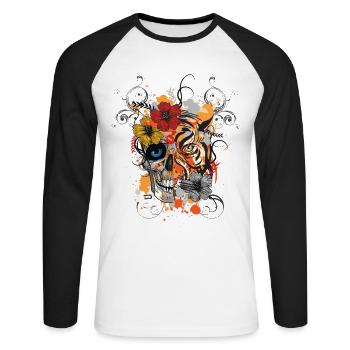 Abstract Tattoo Tribal Tiger Skull Face - Unisex Baseballshirt langarm - Weiß/Schwarz - Vorne - Nik (191cm)