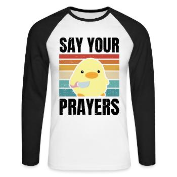Dites vos prières mignon canard avec couteau meme poulet - T-shirt baseball manches longues Homme - blanc/noir - Devant - Nik (191cm)