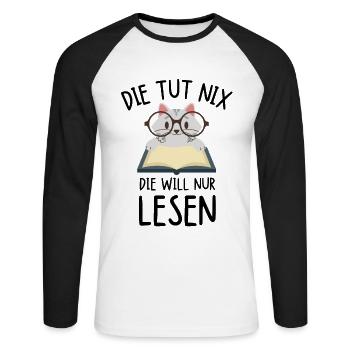 Die tut nix die will nur lesen Katze Bücherwurm - Unisex Baseballshirt langarm - Weiß/Schwarz - Vorne - Nik (191cm)