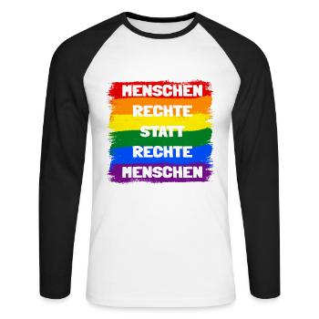 Menschenrechte statt rechte Menschen Regenbogen - Unisex Baseballshirt langarm - Weiß/Schwarz - Vorne - Nik (191cm)