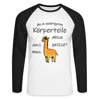 Die 4 wichtigsten Körperteile Giraffe Tier lustig - Unisex Baseballshirt langarm - Weiß/Schwarz - Vorne - Nik (191cm)