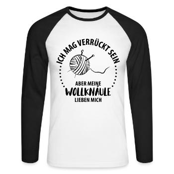 Wolle Stricken Wollknäuel - Unisex Baseballshirt langarm - Weiß/Schwarz - Vorne - Nik (191cm)