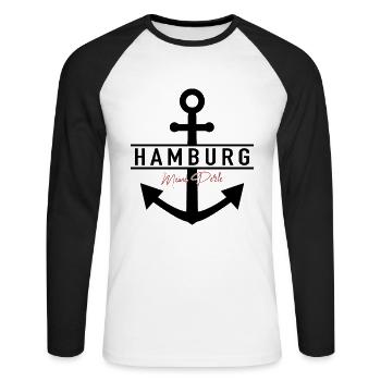 Hamburg - meine Perle - Unisex Baseballshirt langarm - Weiß/Schwarz - Vorne - Nik (191cm)