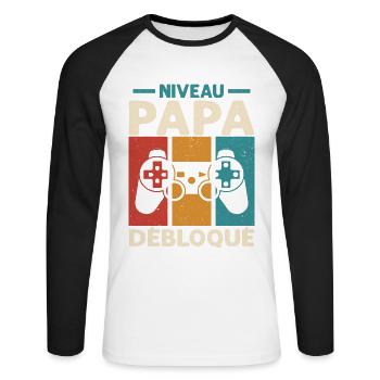 Niveau Papa Débloqué Cadeau Drôle Nouveau Papa - T-shirt baseball manches longues Homme - blanc/noir - Devant - Nik (191cm)