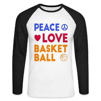 Slogan Peace Love Basketball pour les joueurs de basket-ball - T-shirt baseball manches longues Homme - blanc/noir - Devant - Nik (191cm)