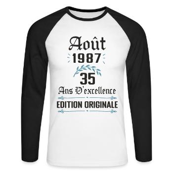 35 ans anniversaire aout 1987 - T-shirt baseball manches longues Homme - blanc/noir - Devant - Nik (191cm)