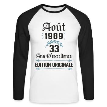 33 ans anniversaire aout 1989 - T-shirt baseball manches longues Homme - blanc/noir - Devant - Nik (191cm)
