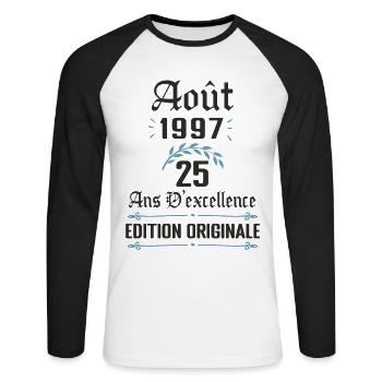 25 ans anniversaire aout 1997 - T-shirt baseball manches longues Homme - blanc/noir - Devant - Nik (191cm)