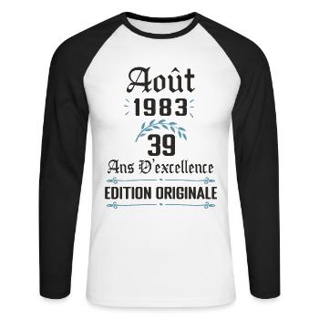 39 ans anniversaire aout 1983 - T-shirt baseball manches longues Homme - blanc/noir - Devant - Nik (191cm)