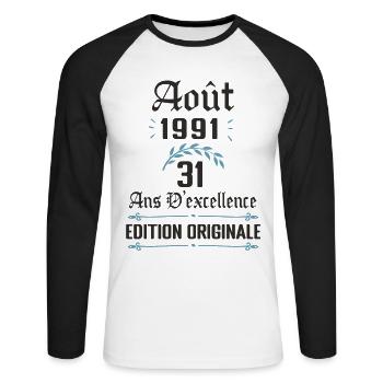 31 ans anniversaire aout 1991 - T-shirt baseball manches longues Homme - blanc/noir - Devant - Nik (191cm)