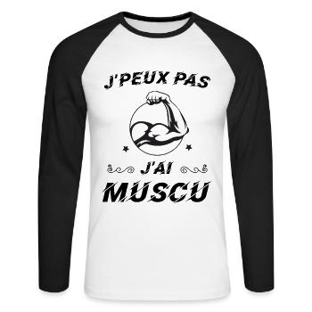 J peux pas j ai muscu - T-shirt baseball manches longues Homme - blanc/noir - Devant - Nik (191cm)